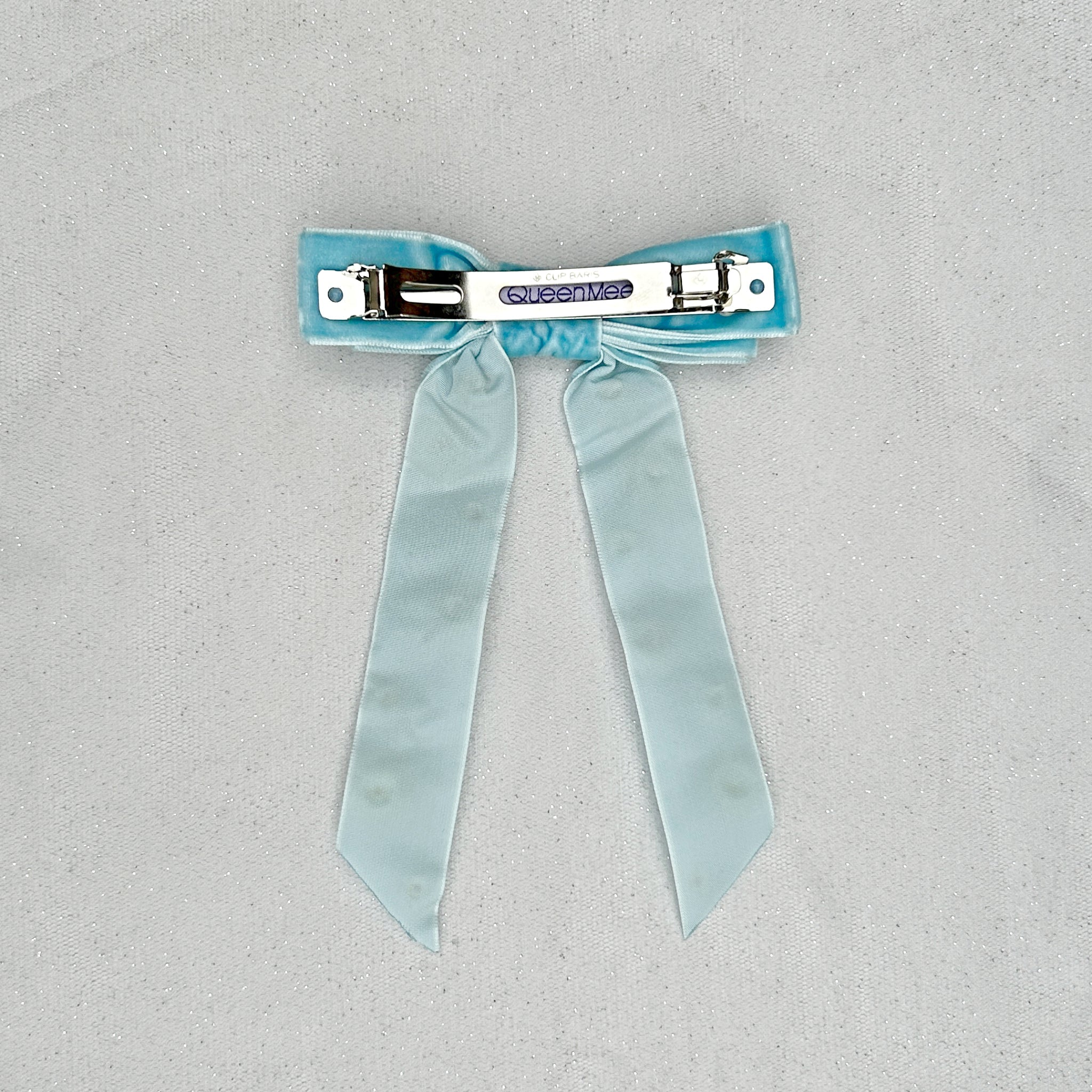 QueenMee Velvet Bow Hair Clip in Light Blue with Jewels