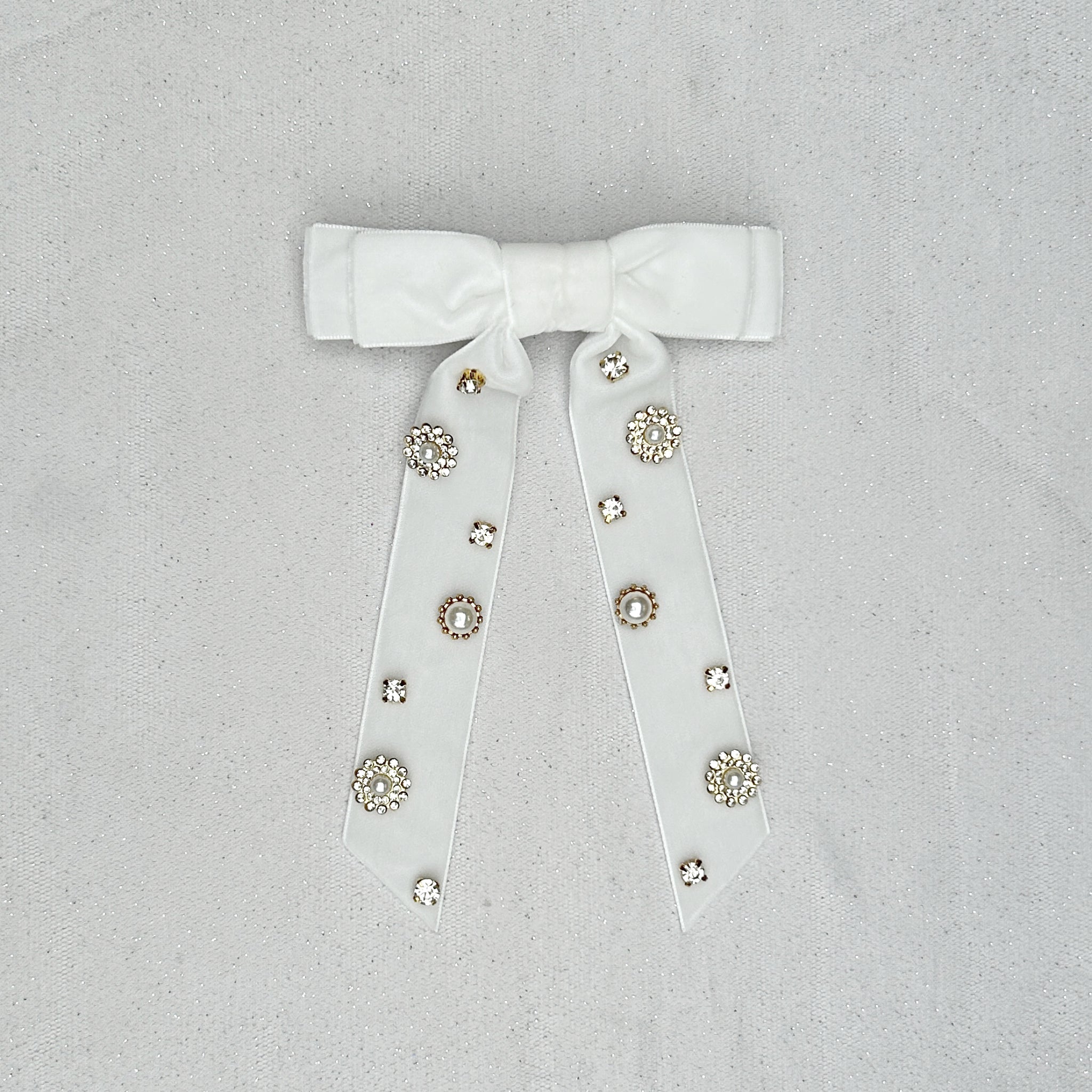 QueenMee Velvet Bow Hair Clip in White with Jewels