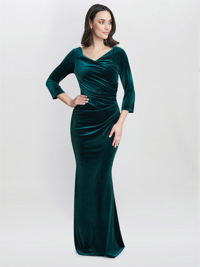 Gina Bacconi Green Sophie Velvet Maxi Dress With 3/4 Sleeve