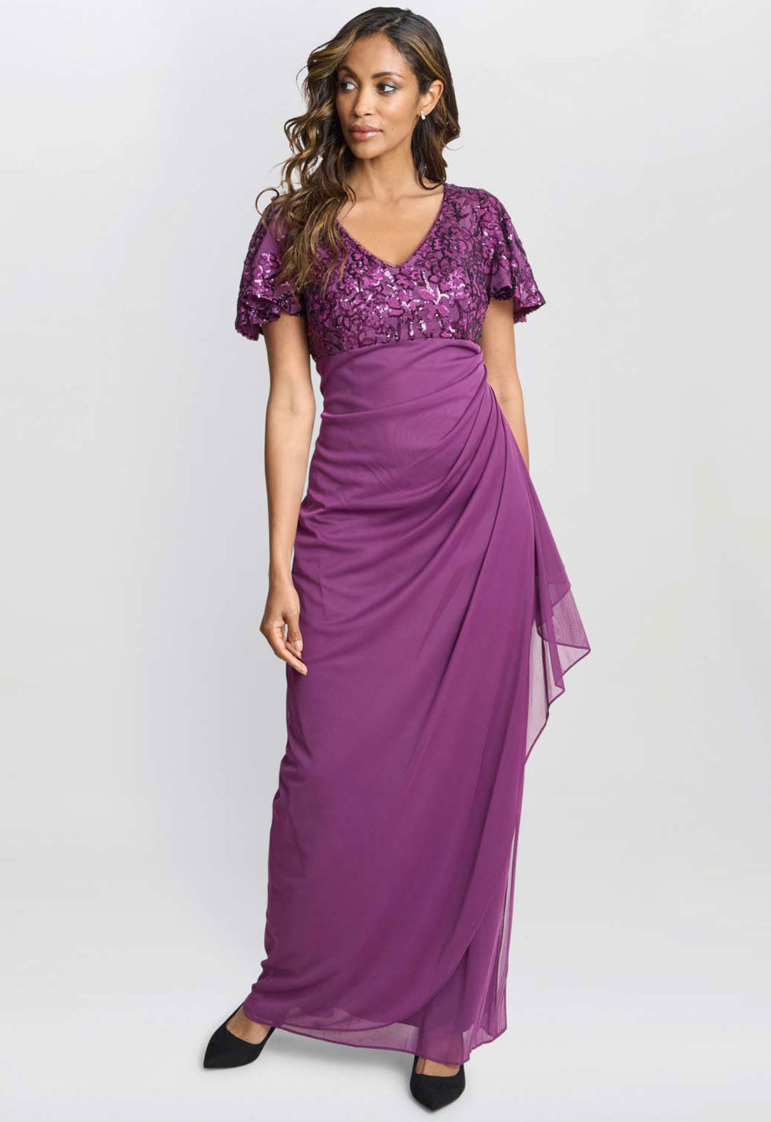 Gina Bacconi Plum Kaitlyn Embroidered Sequin Flutter Sleeve Cascade Dress