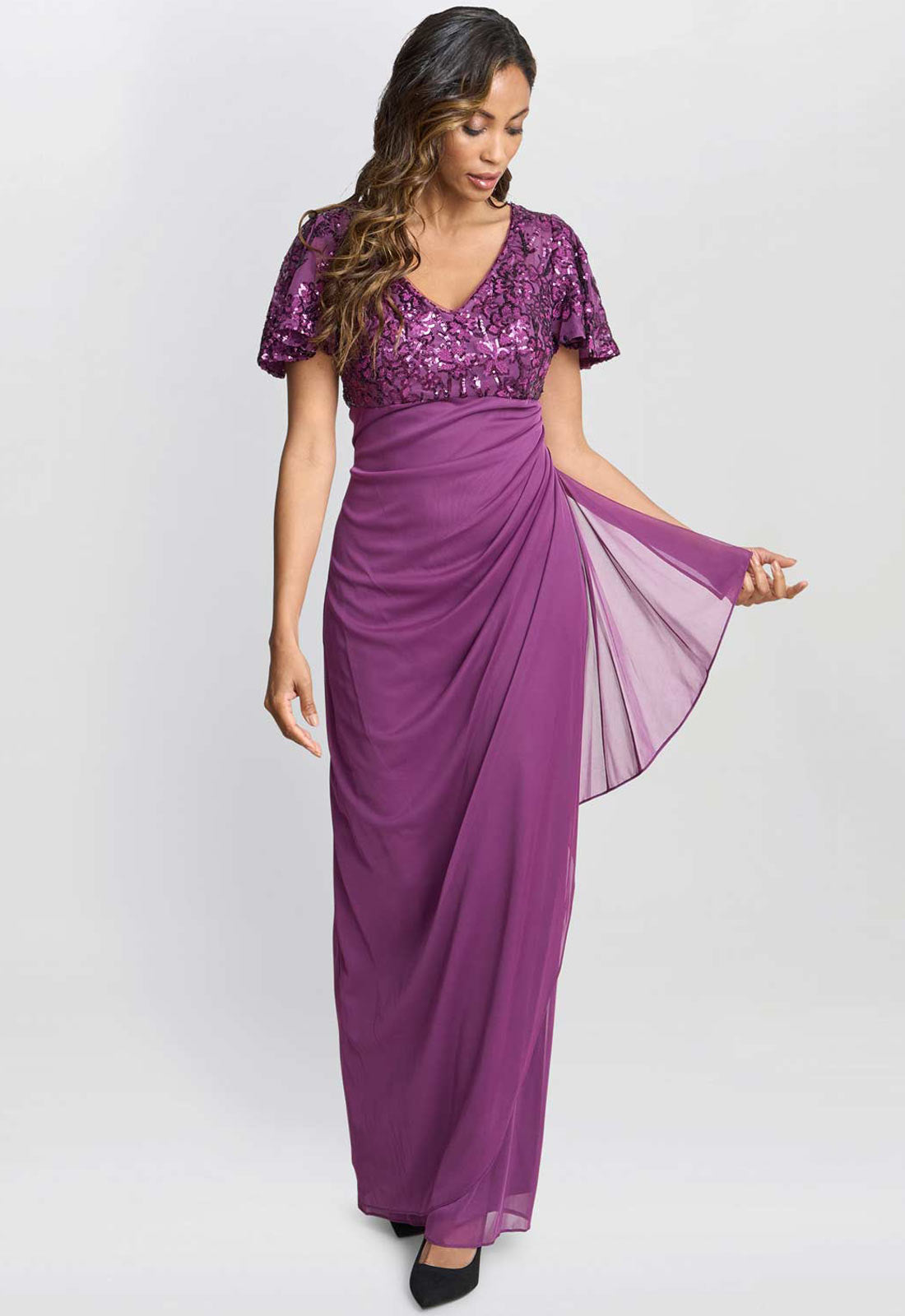 Gina Bacconi Plum Kaitlyn Embroidered Sequin Flutter Sleeve Cascade Dress