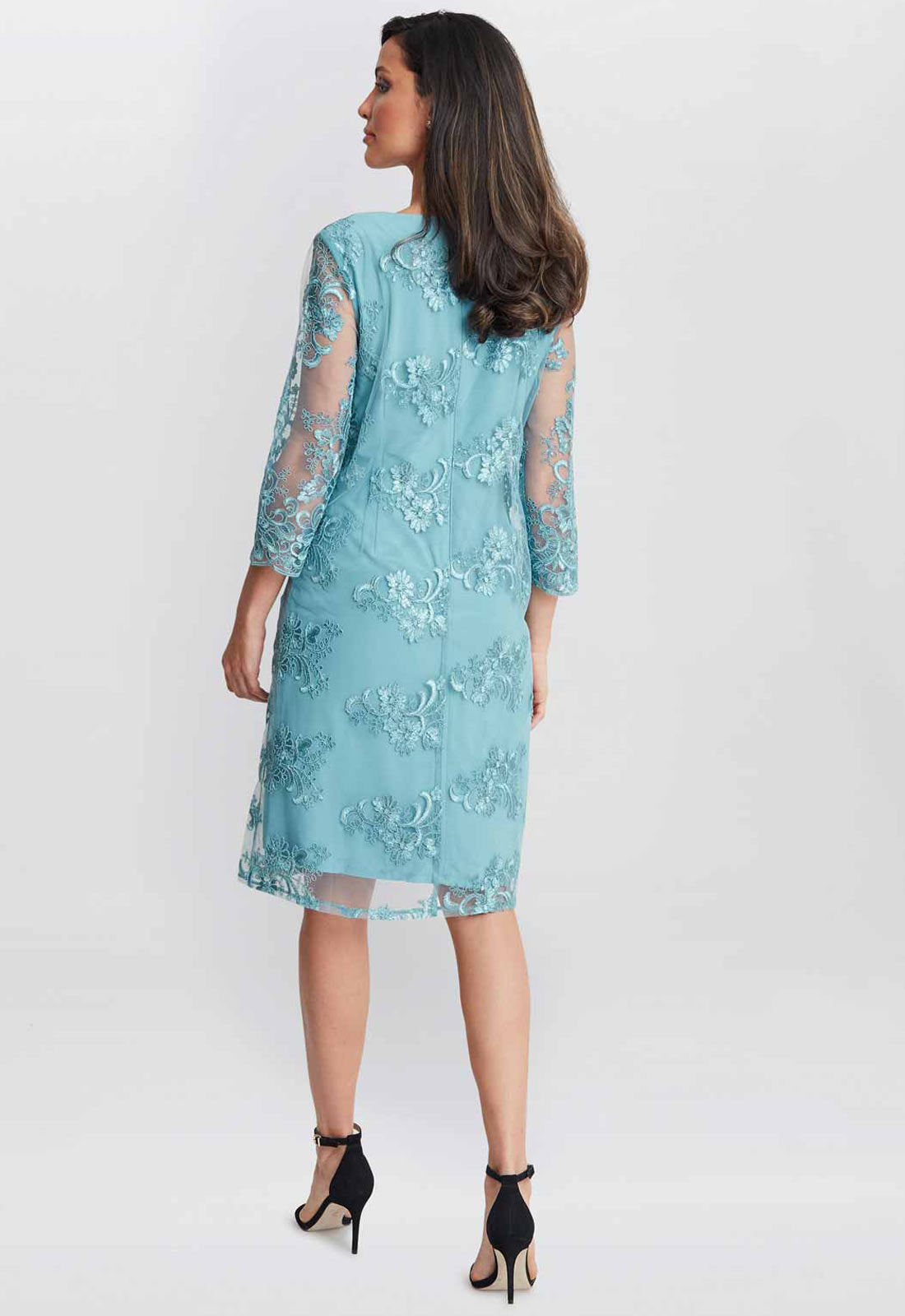 Gina Bacconi Teal Jill Embroidered Lace Mock Jacket Dress