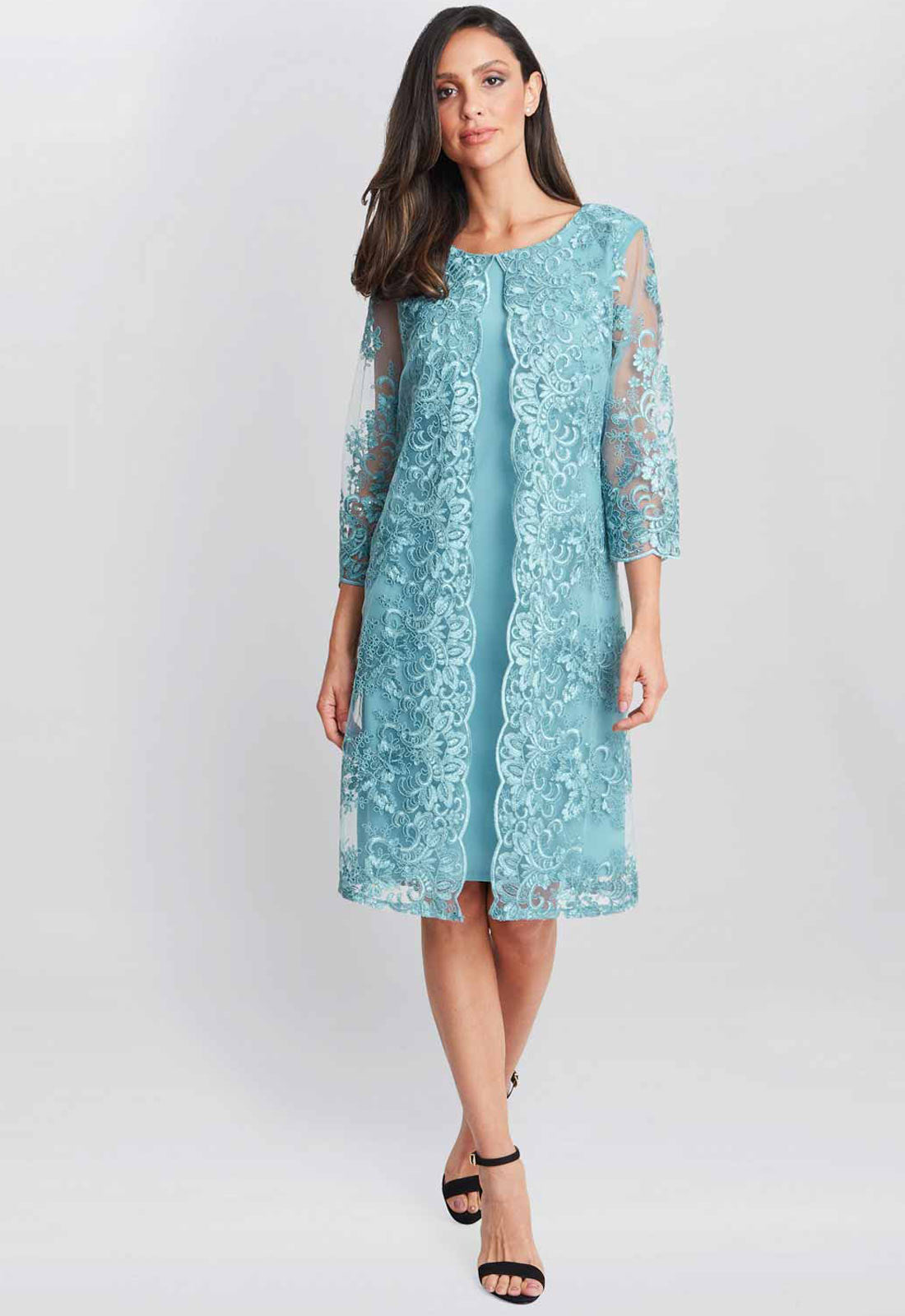 Gina Bacconi Teal Jill Embroidered Lace Mock Jacket Dress