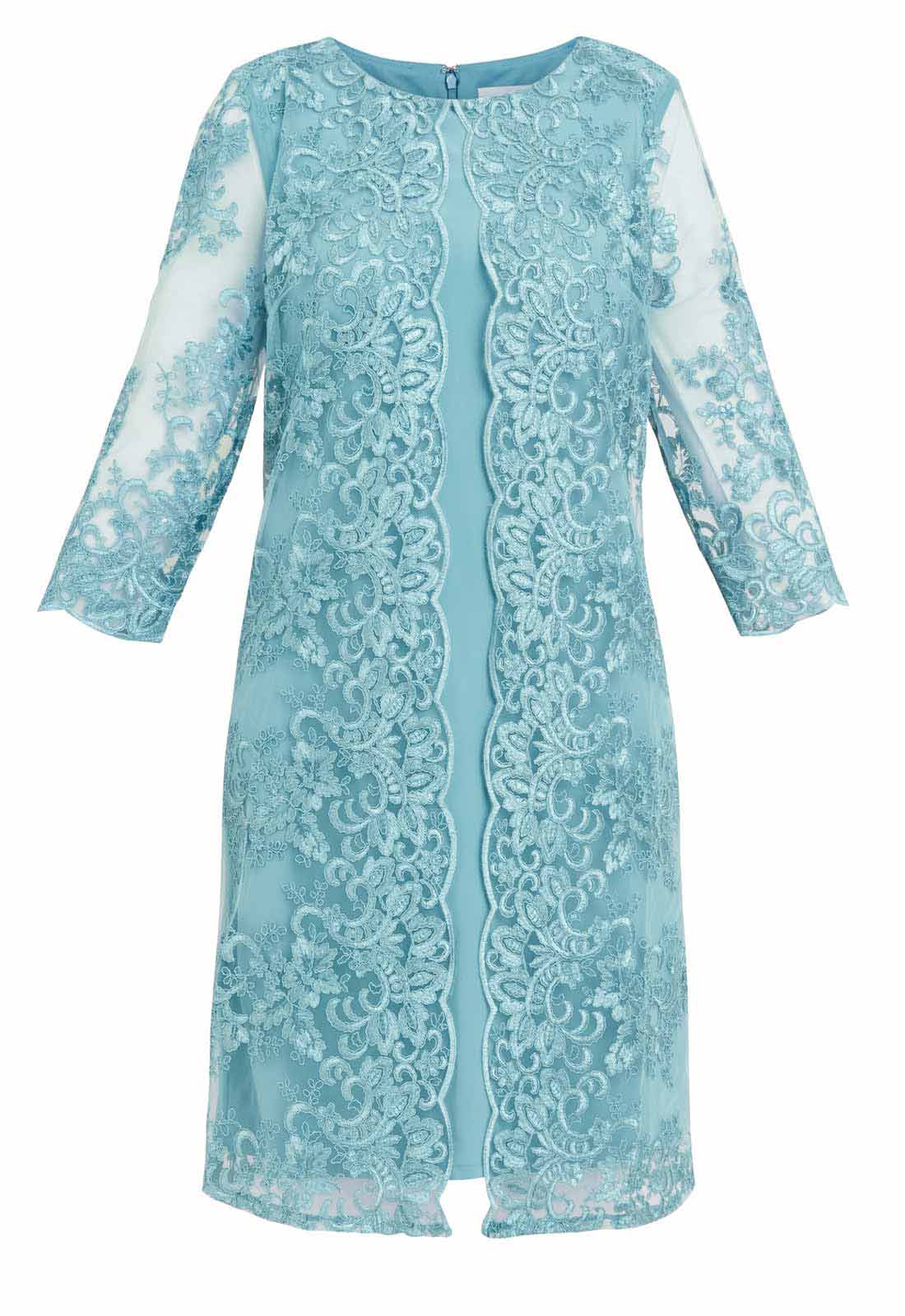 Gina Bacconi Teal Jill Embroidered Lace Mock Jacket Dress