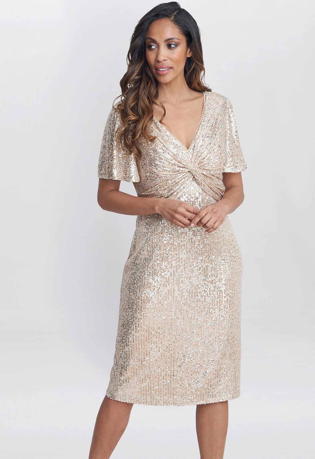 Gina Bacconi Taupe Krista V Neck Twist Sequin Dress