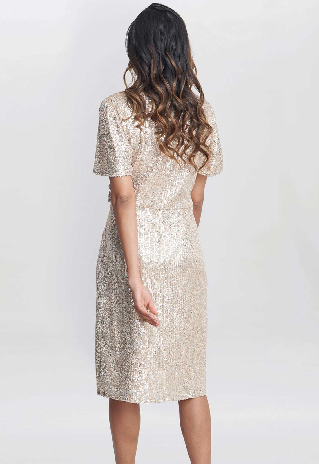 Gina Bacconi Taupe Krista V Neck Twist Sequin Dress