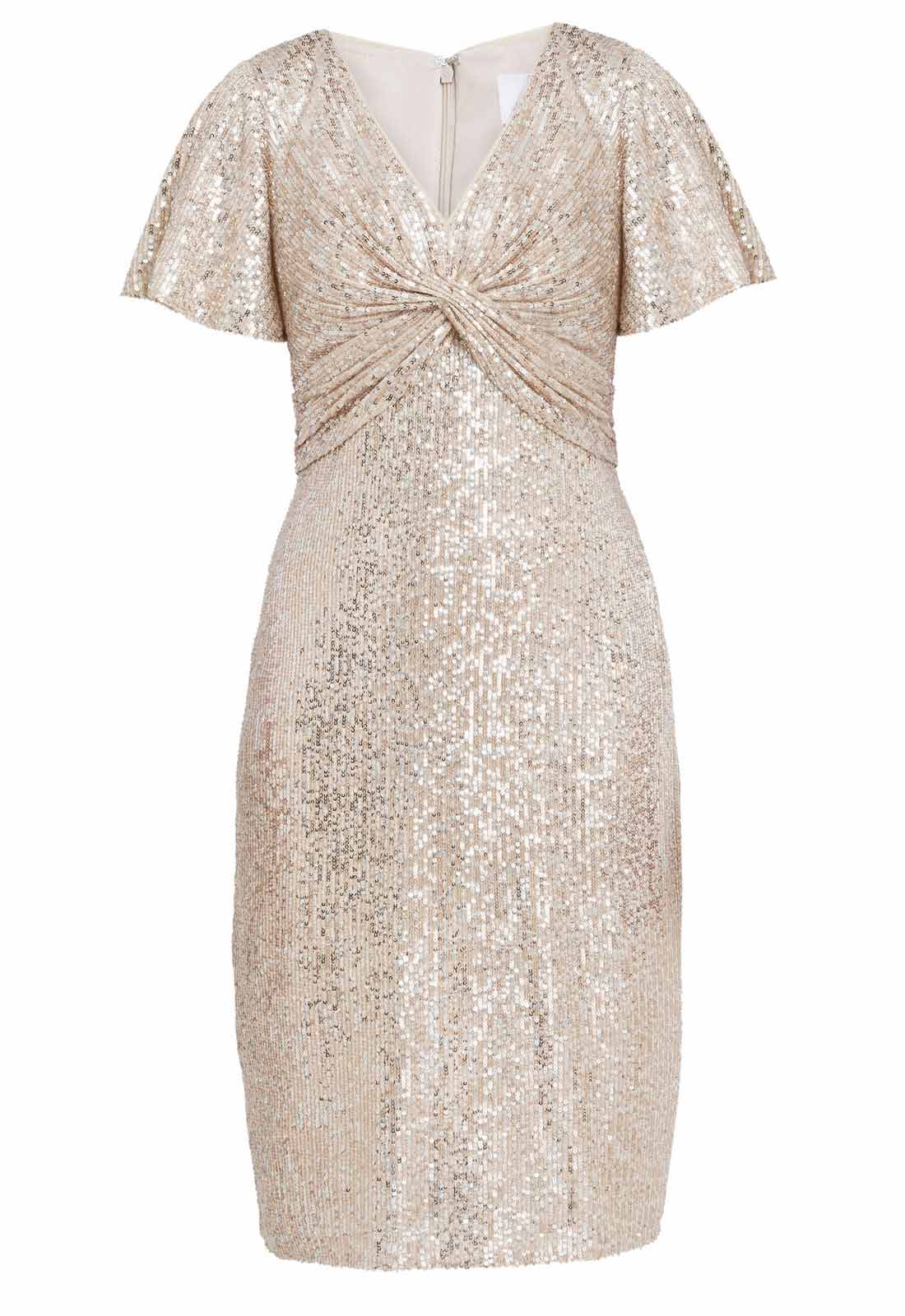 Gina Bacconi Taupe Krista V Neck Twist Sequin Dress