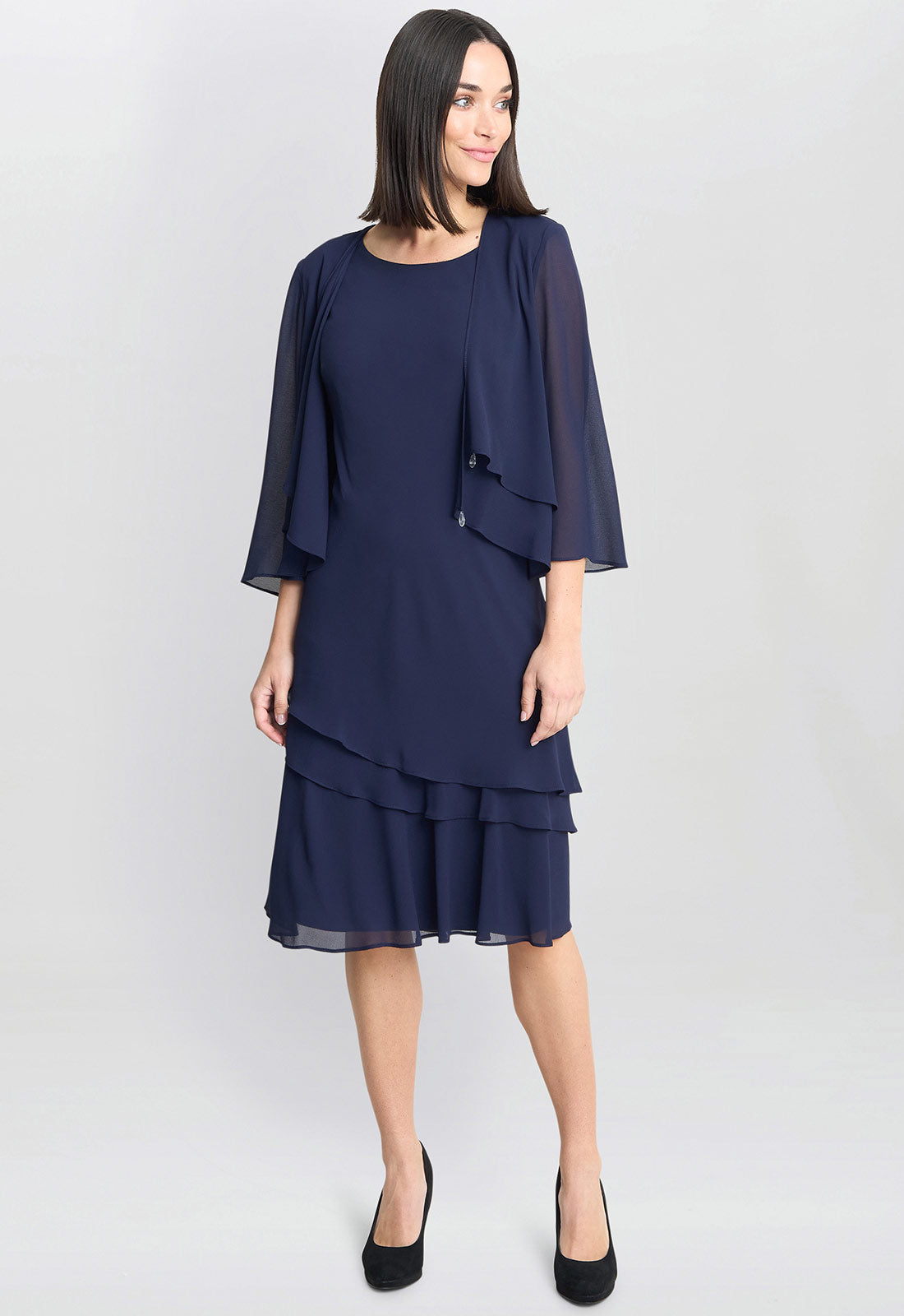 Gina Bacconi Navy Lola Jacket And Asymmetric Triple Tiered Dress