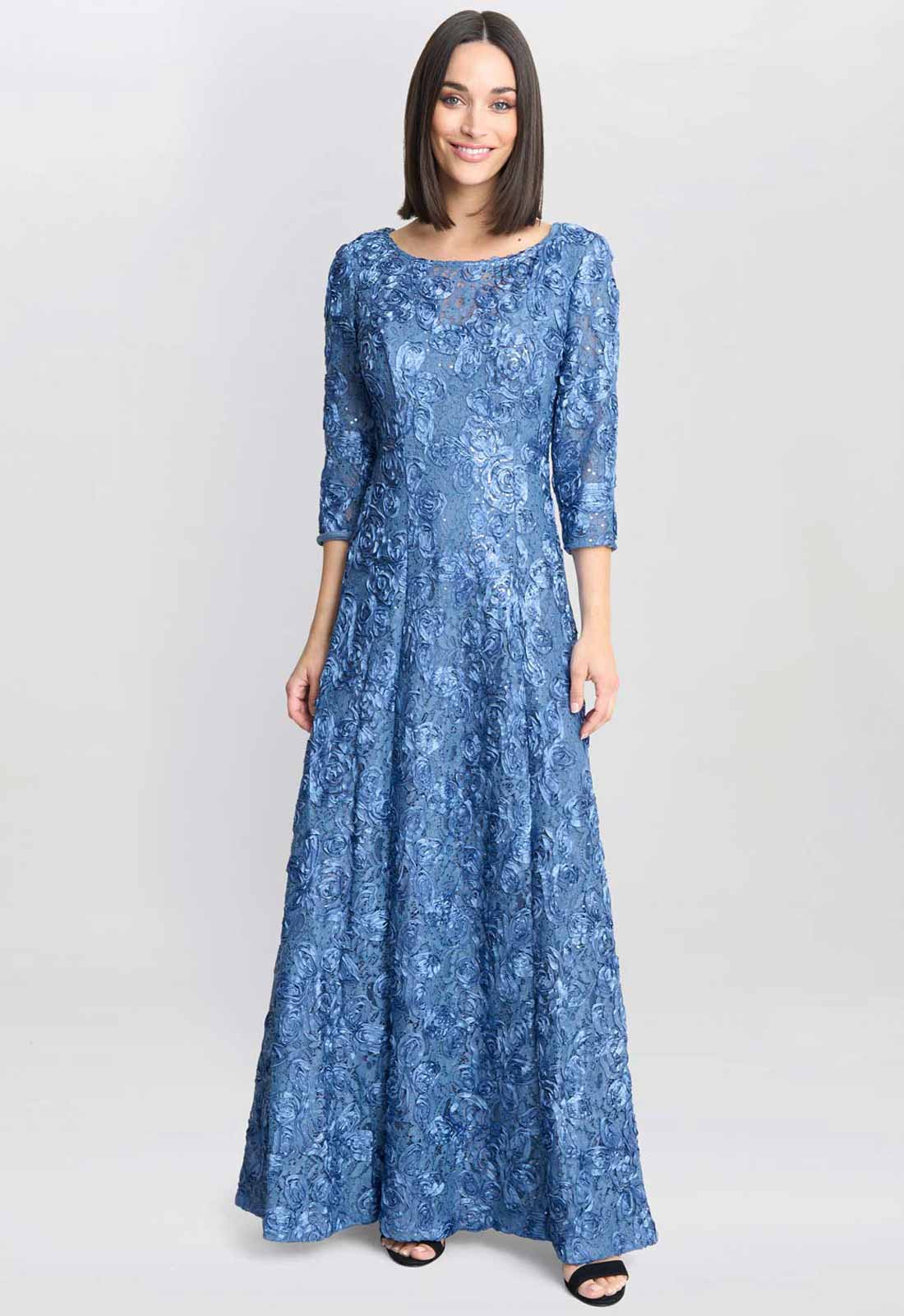 Gina Bacconi Blue Susanna Rosette Maxi Dress With 3/4 Illusion Sleeves