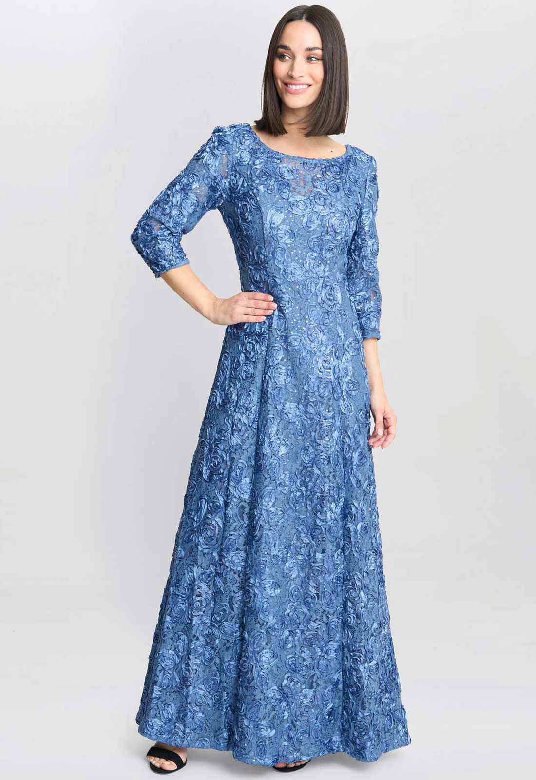 Gina Bacconi Blue Susanna Rosette Maxi Dress With 3/4 Illusion Sleeves