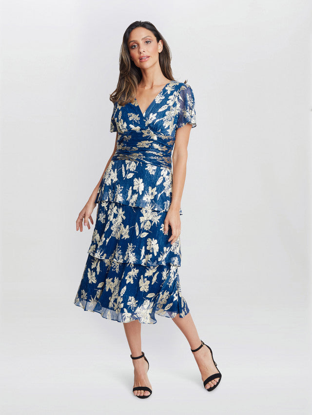 Gina Bacconi Blue Simone Foil Printed Tiered Dress