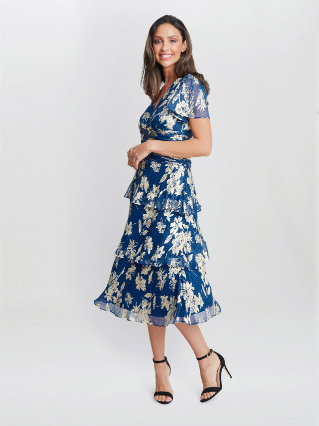 Gina Bacconi Blue Simone Foil Printed Tiered Dress