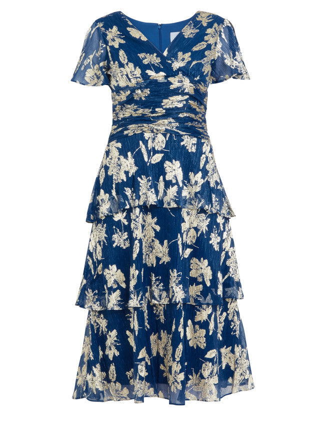 Gina Bacconi Blue Simone Foil Printed Tiered Dress