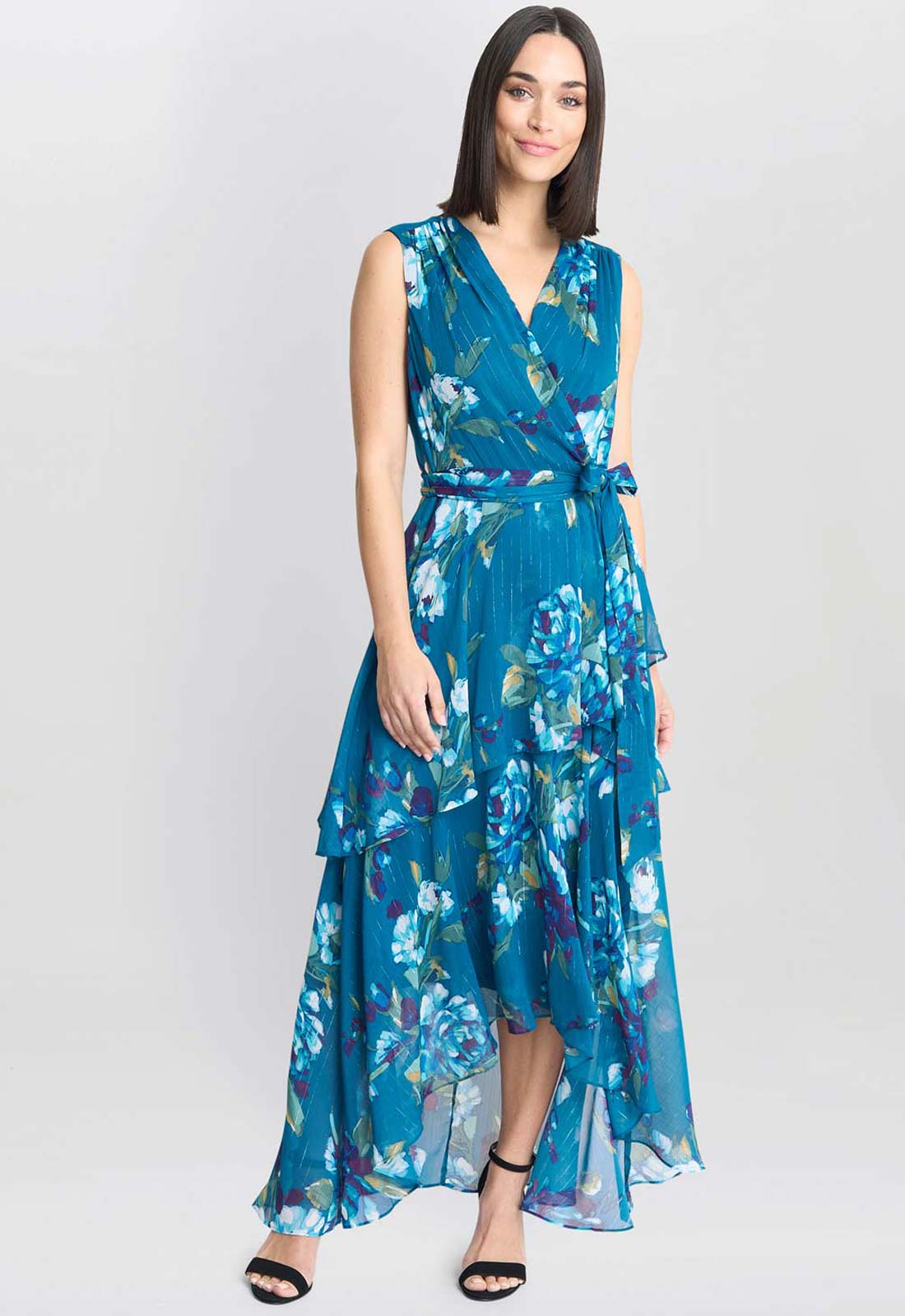 Gina Bacconi Teal Tamara Printed Sleeveless Maxi Dress With Belt