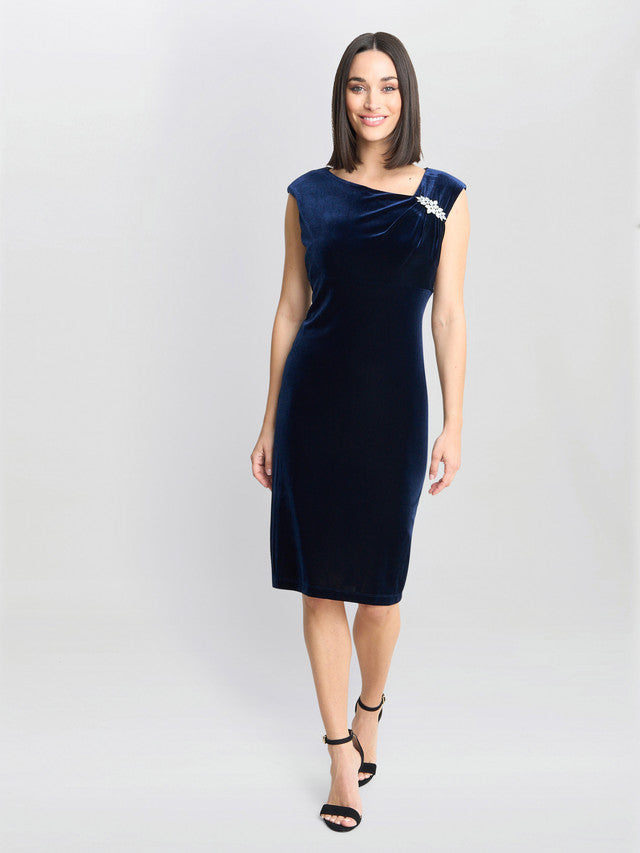 Gina Bacconi Navy Justine Sleeveless Velvet Dress With Trim