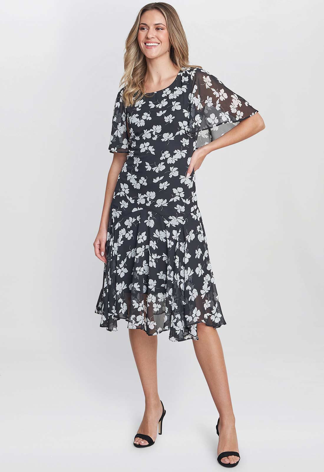 Gina Bacconi Black and White Annette Chiffon Dress