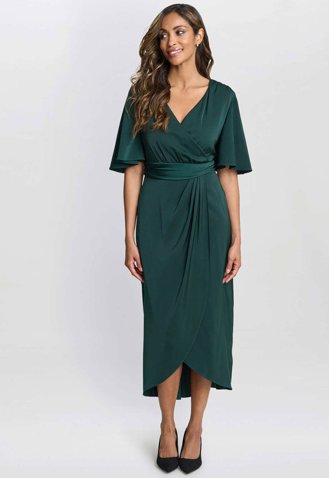 Gina Bacconi Dark Green Misha V Neck Midi Dress