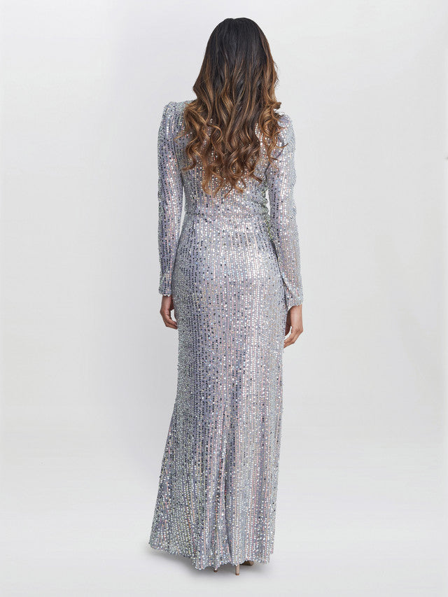 Gina Bacconi Silver Bernadette Beaded Maxi Dress