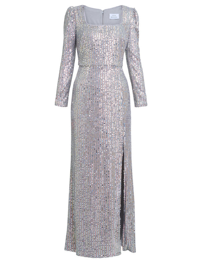 Gina Bacconi Silver Bernadette Beaded Maxi Dress