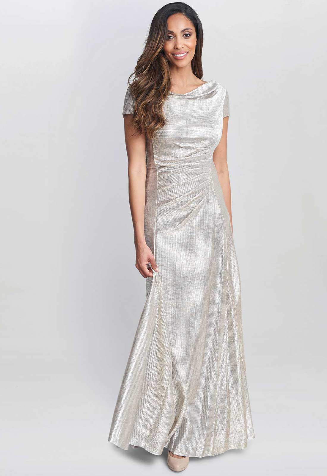 Gina Bacconi Champagne Alivia Metallic Cowl Maxi Dress