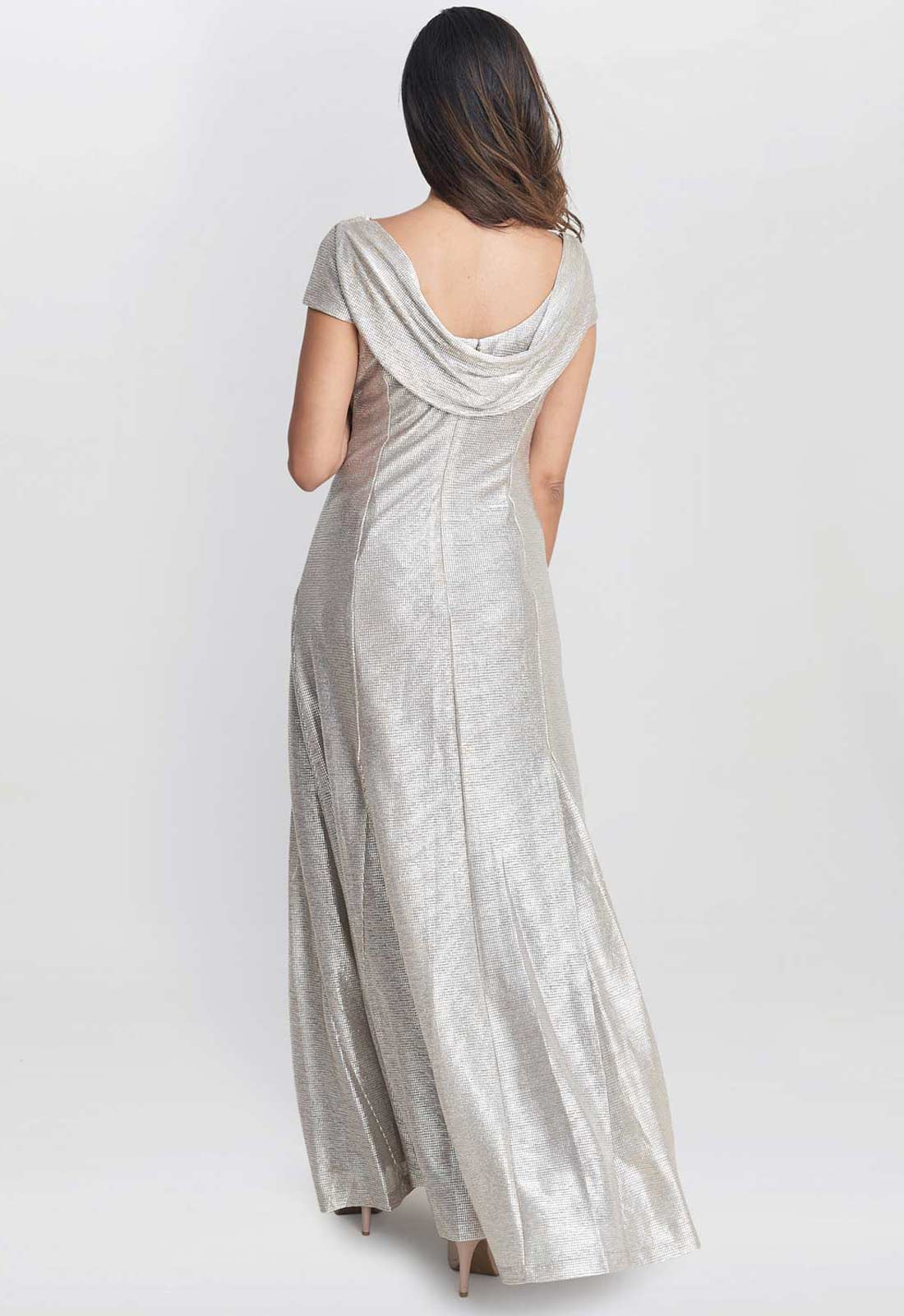 Gina Bacconi Champagne Alivia Metallic Cowl Maxi Dress