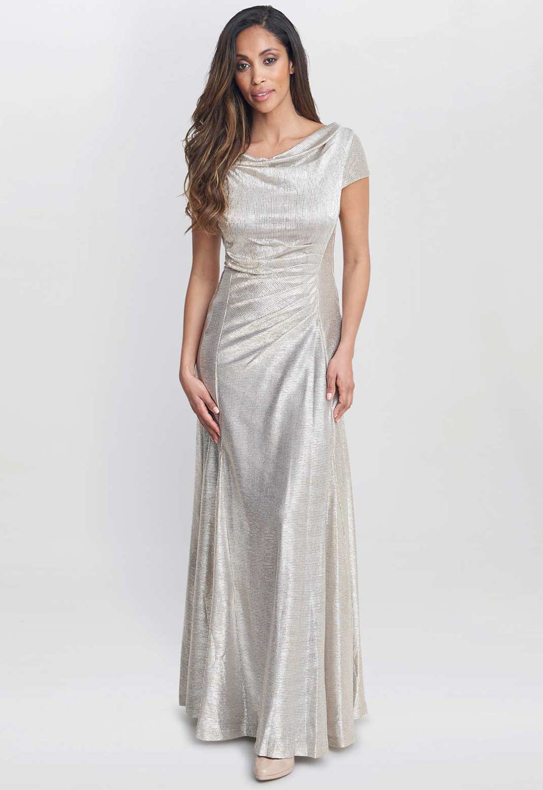 Gina Bacconi Champagne Alivia Metallic Cowl Maxi Dress