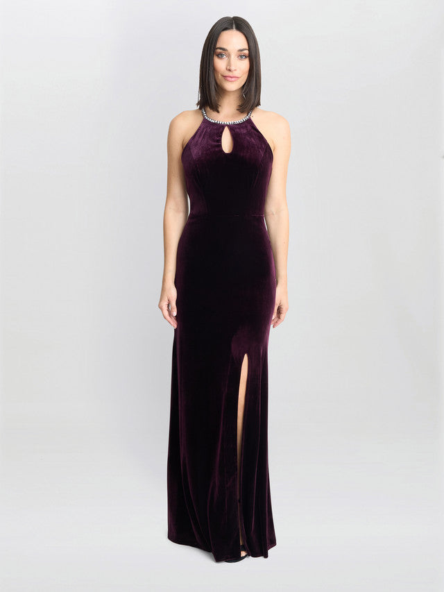 Gina Bacconi Deedee Burgundy Velvet Halter Keyhole Maxi Dress