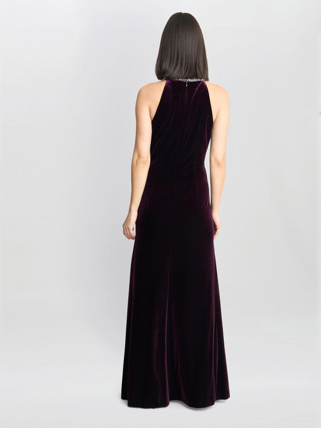 Gina Bacconi Deedee Burgundy Velvet Halter Keyhole Maxi Dress