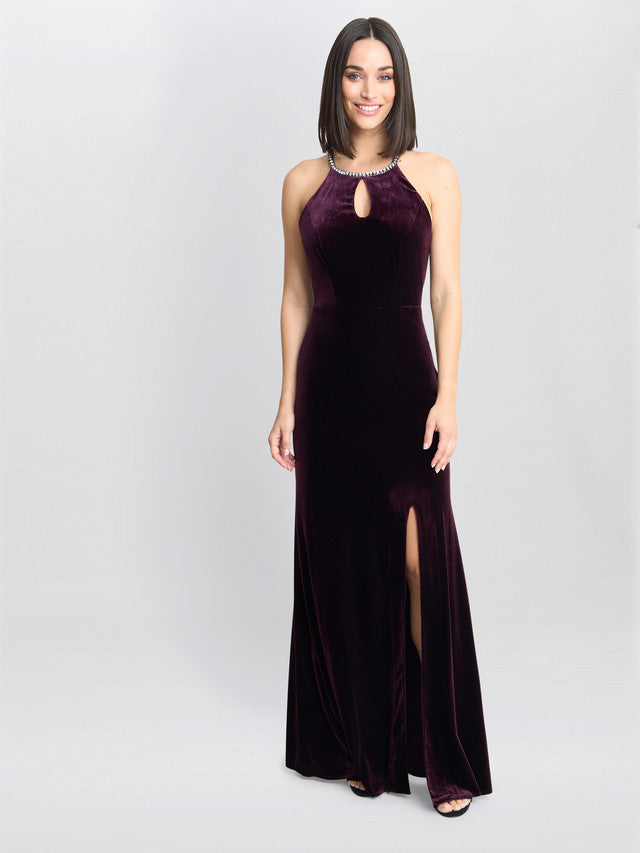 Gina Bacconi Deedee Burgundy Velvet Halter Keyhole Maxi Dress