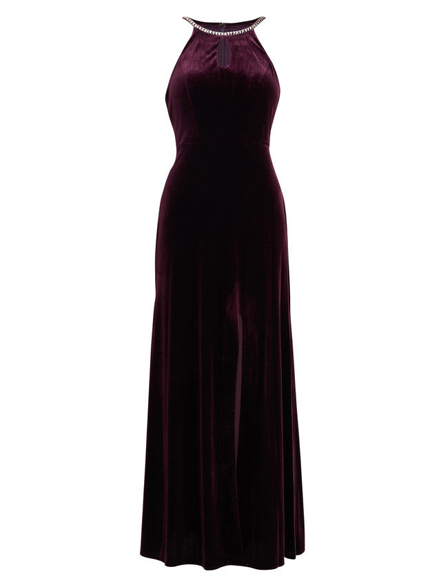 Gina Bacconi Deedee Burgundy Velvet Halter Keyhole Maxi Dress