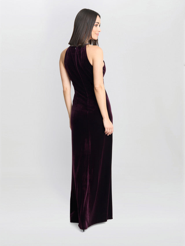 Gina Bacconi Deedee Burgundy Velvet Halter Keyhole Maxi Dress