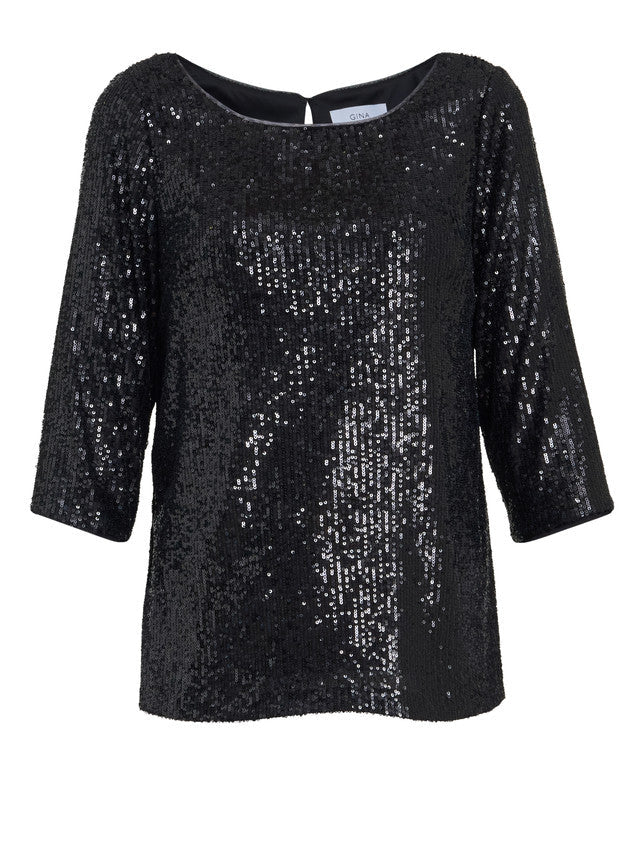 Gina Bacconi Black Flora Sequin Tunic Blouse