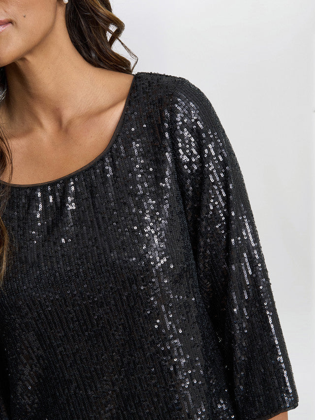 Gina Bacconi Black Flora Sequin Tunic Blouse