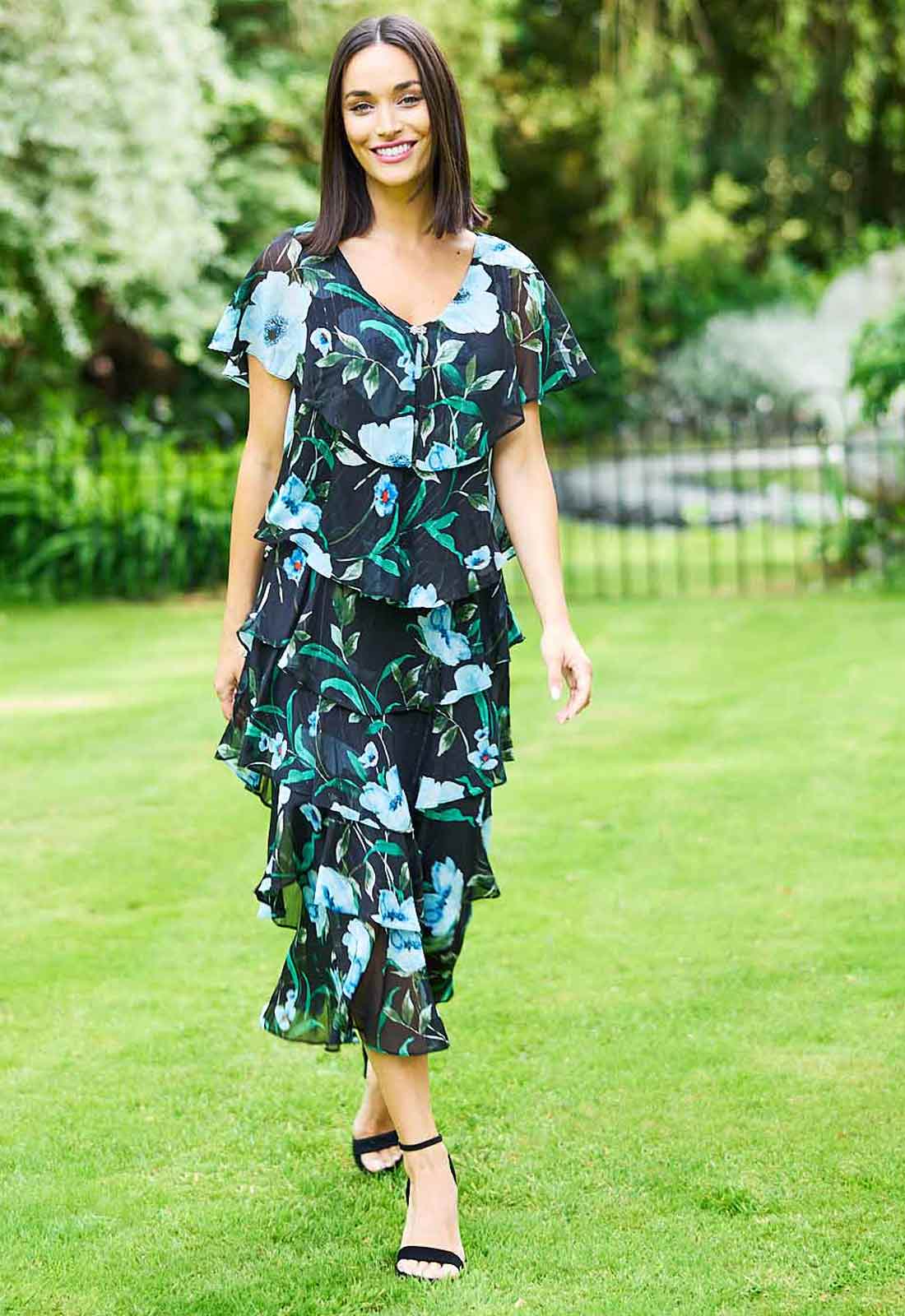 Gina Bacconi Bright Teal Frances Printed Midi Tiered Dress