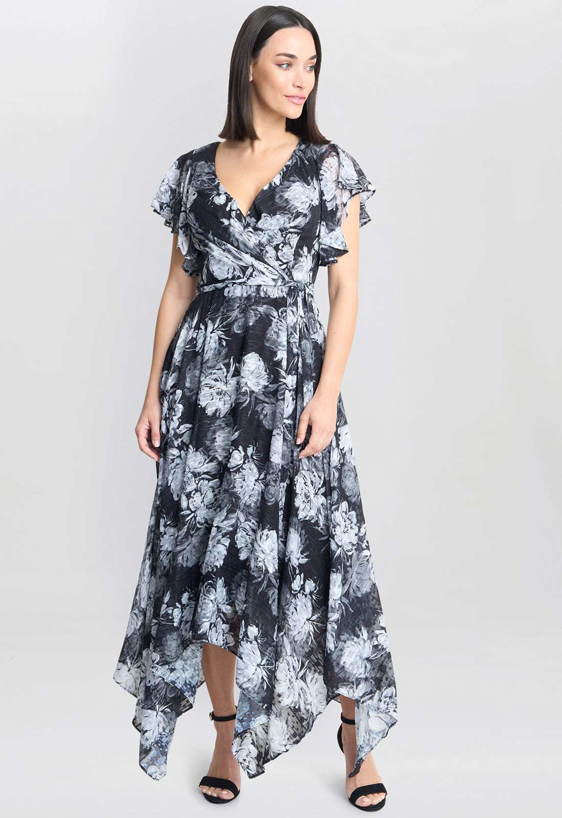 Gina Bacconi Monochrome Jude High-Low Floral Print Dress