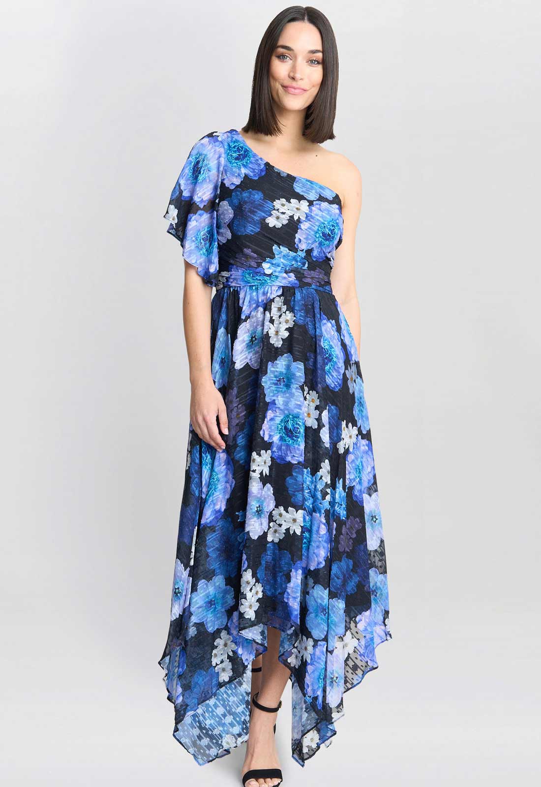 Gina Bacconi Black and Royal Briana One Shoulder Floral Print Dress