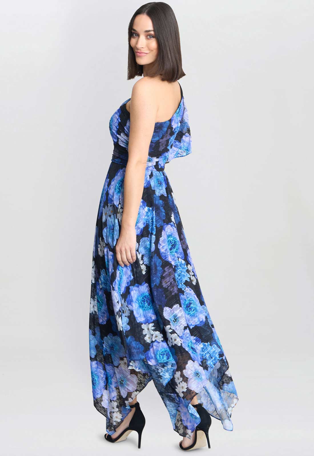 Gina Bacconi Black and Royal Briana One Shoulder Floral Print Dress