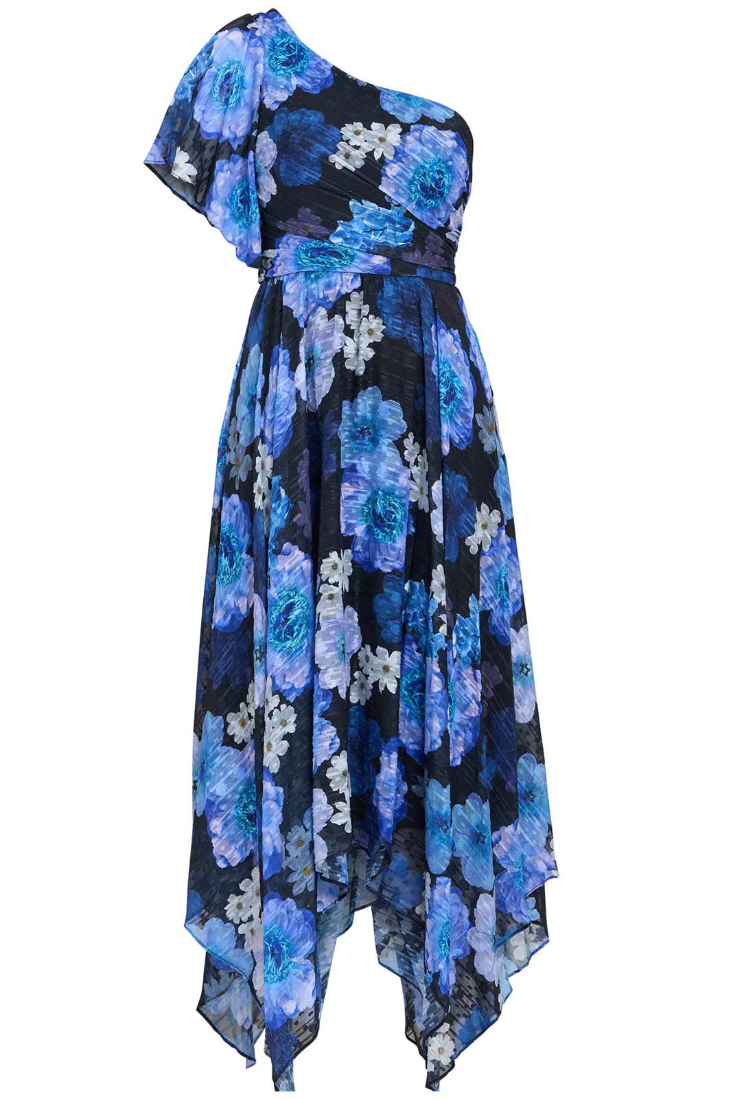 Gina Bacconi Black and Royal Briana One Shoulder Floral Print Dress