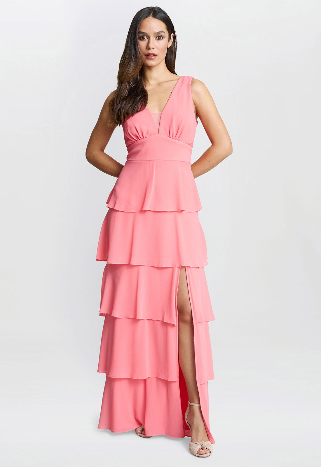 Gina Bacconi Coral Lucielle Sleevless Tiered Maxi Dress