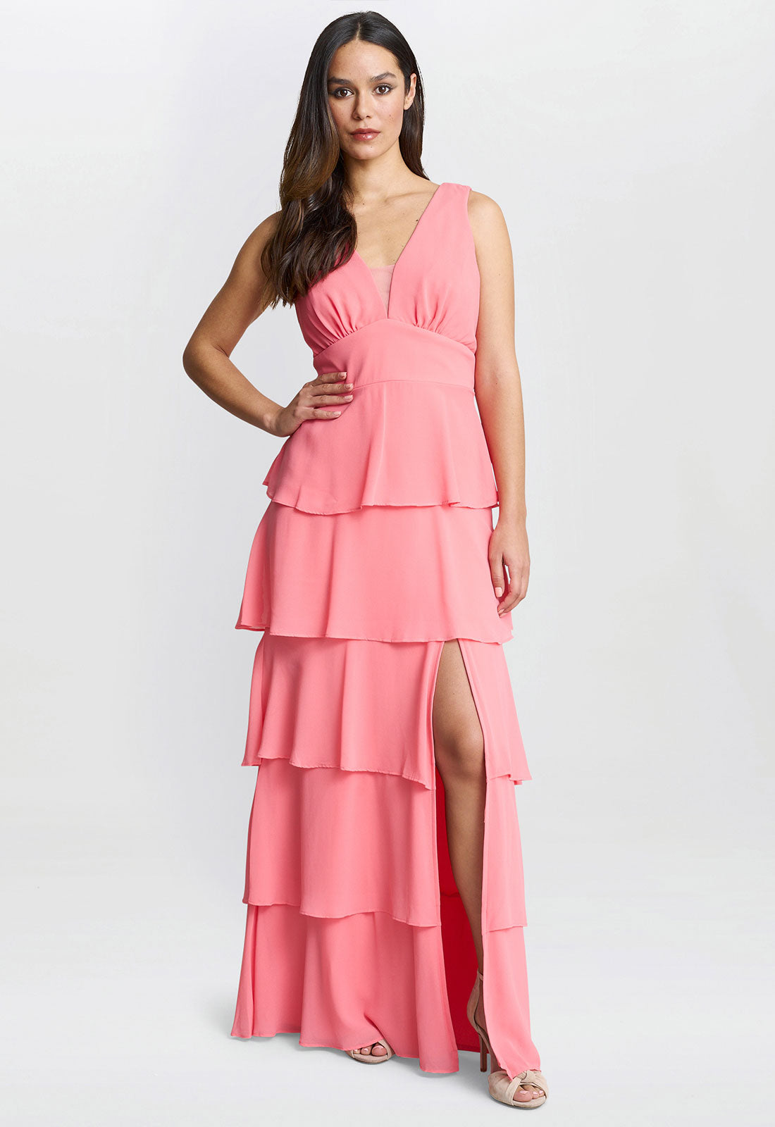 Gina Bacconi Coral Lucielle Sleevless Tiered Maxi Dress