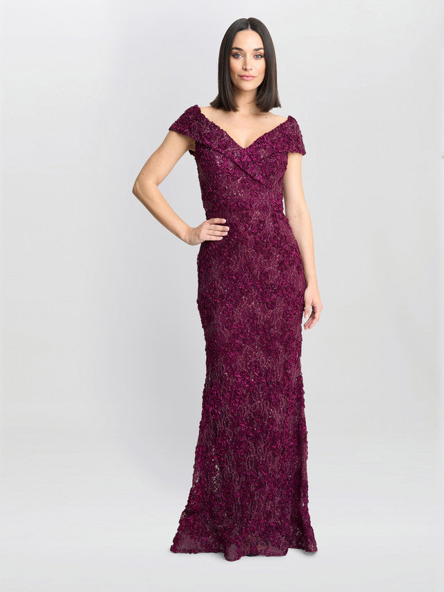 Gina Bacconi Burgundy Brigette Off The Shoulder Lace Maxi Dress