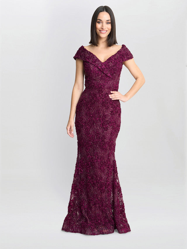 Gina Bacconi Burgundy Brigette Off The Shoulder Lace Maxi Dress