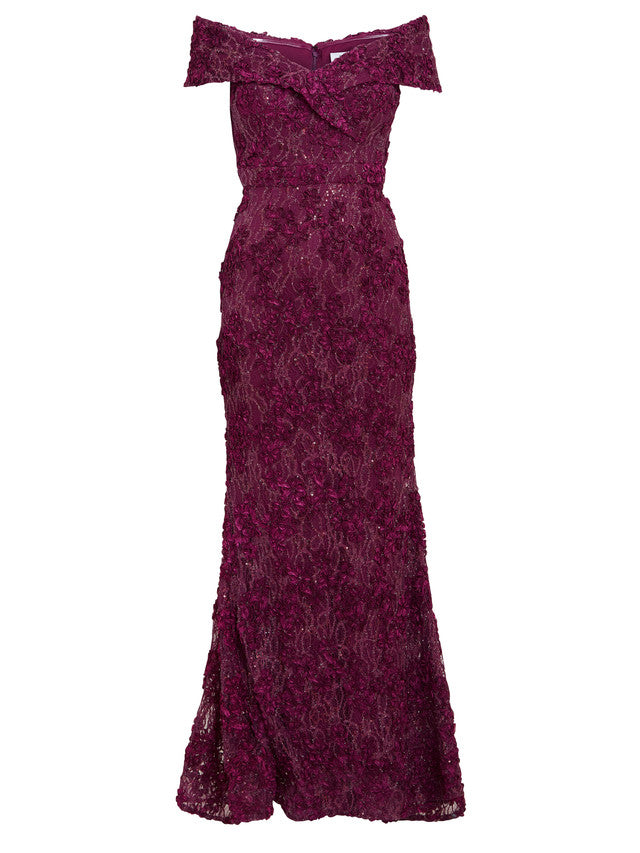 Gina Bacconi Burgundy Brigette Off The Shoulder Lace Maxi Dress