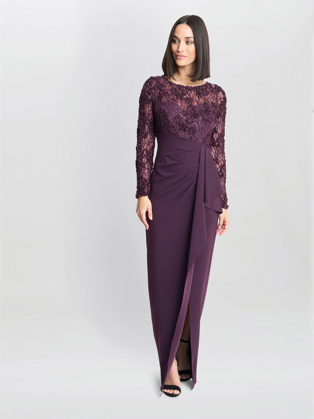 Gina Bacconi Burgundy Keeley Lace Bodice & Sleeve Maxi Dress