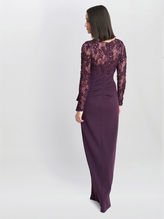 Gina Bacconi Burgundy Keeley Lace Bodice & Sleeve Maxi Dress