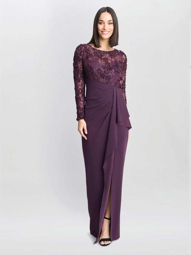 Gina Bacconi Burgundy Keeley Lace Bodice & Sleeve Maxi Dress