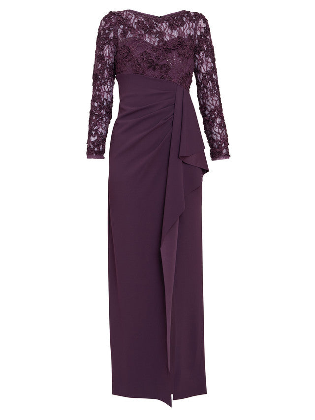 Gina Bacconi Burgundy Keeley Lace Bodice & Sleeve Maxi Dress