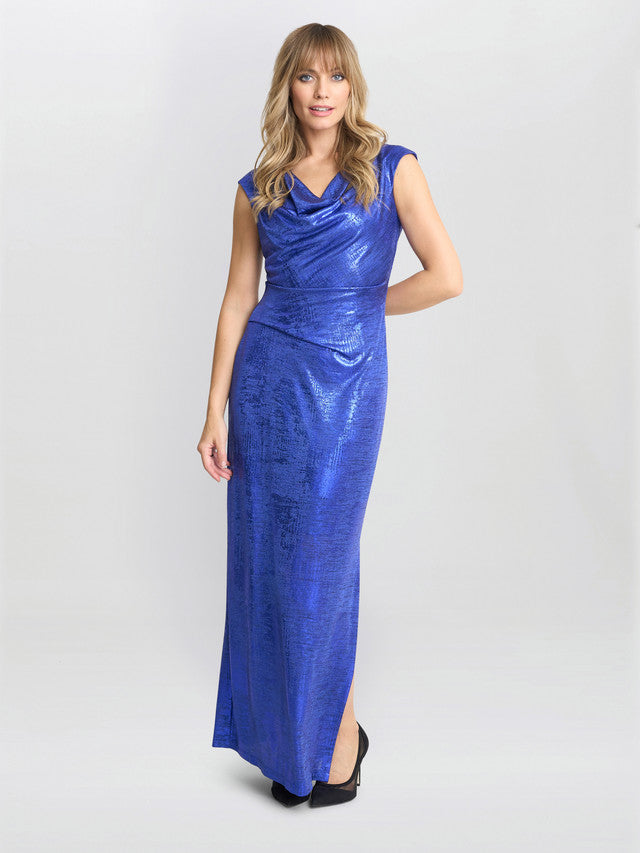 Gina Bacconi Blue Justina Foil Print Cowl Neck Maxi Dress