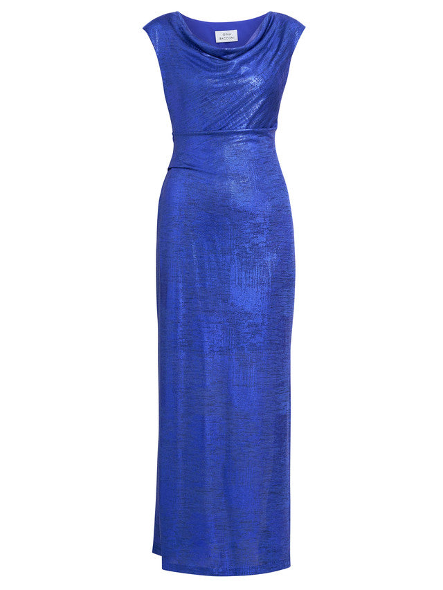 Gina Bacconi Blue Justina Foil Print Cowl Neck Maxi Dress