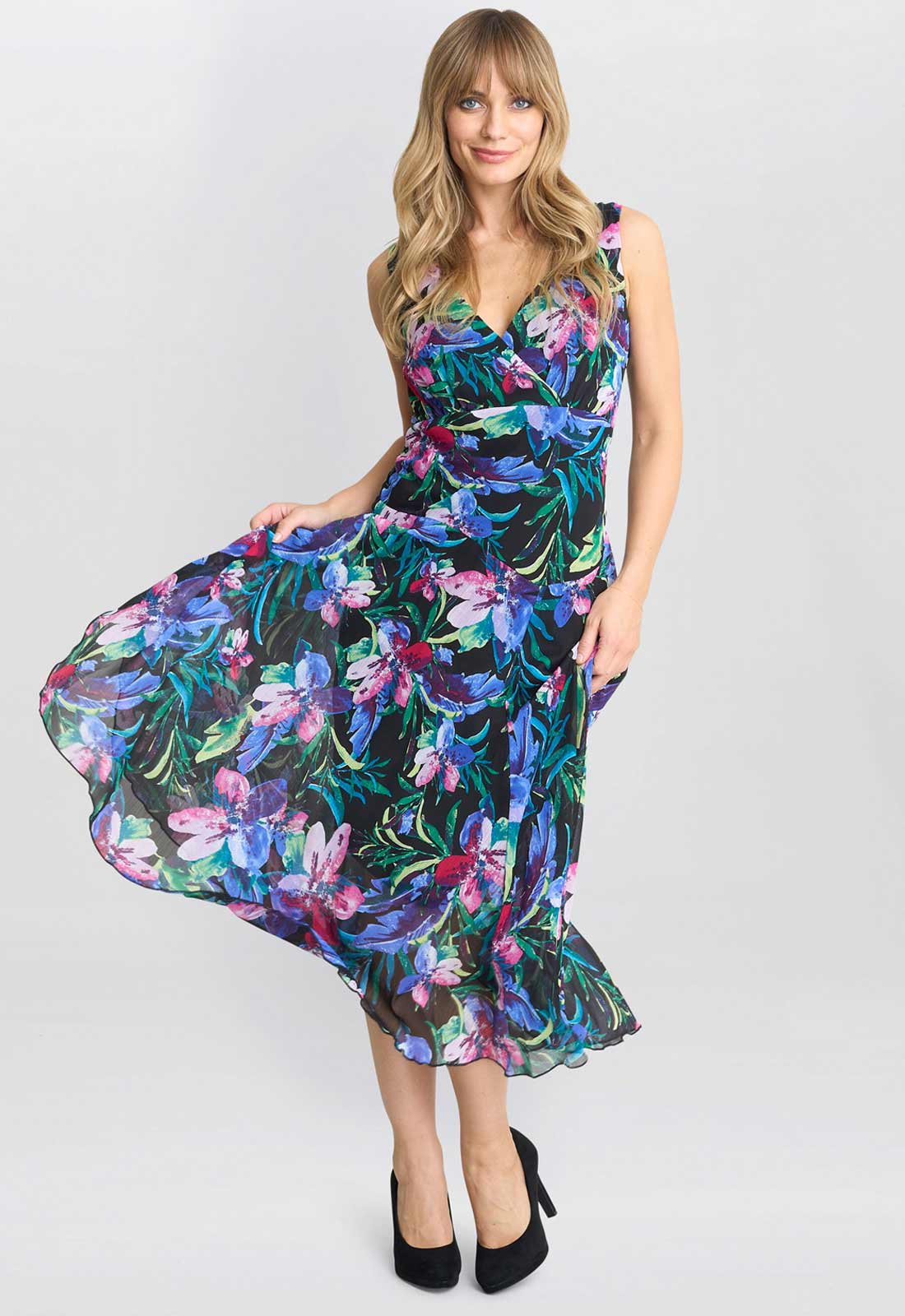 Gina Bacconi Blue Lisbeth Floral Print Chiffon Dress